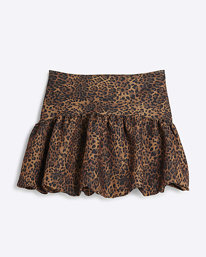 Beige leopard print bubble hem mini skirt