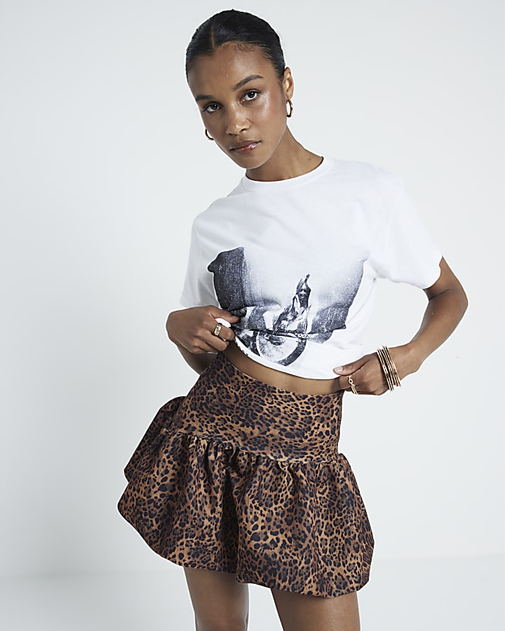 Beige leopard print bubble hem mini skirt