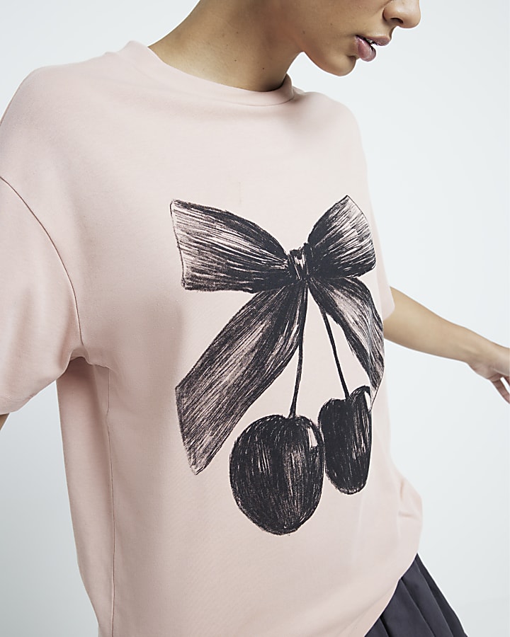 Pink Bow Cherry Graphic Boyfriend T-shirt