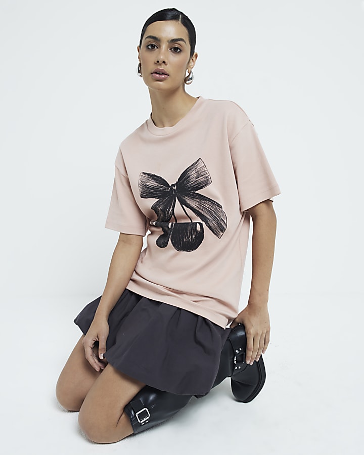 Pink Bow Cherry Graphic Boyfriend T-shirt