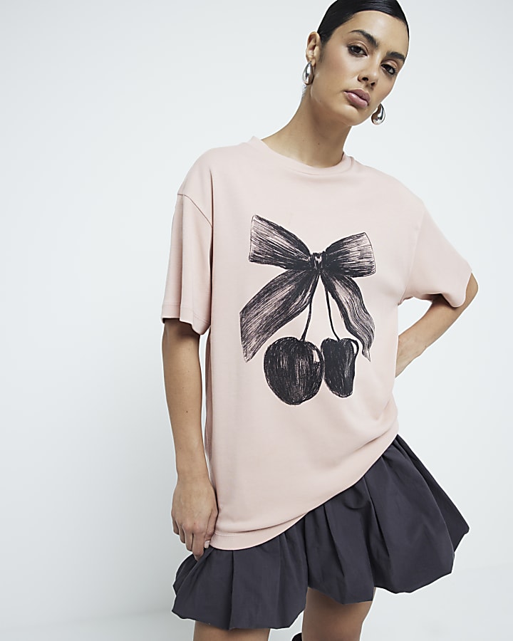 Pink Bow Cherry Graphic Boyfriend T-shirt