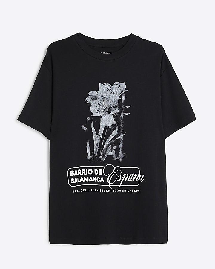 Black Floral Graphic Oversized T-Shirt