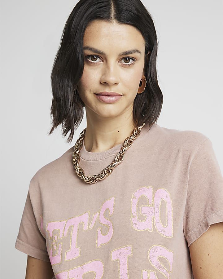 Brown Let's Go Girls Graphic  T-shirt