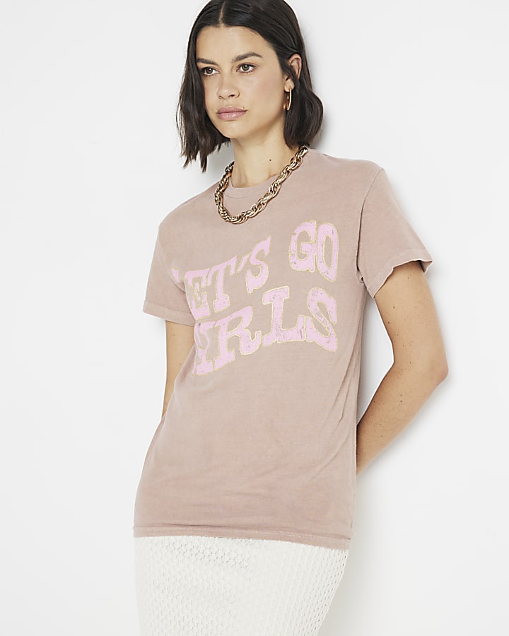 Brown Let's Go Girls Graphic  T-shirt