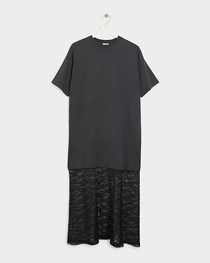 Grey hybrid lace t-shirt midi dress