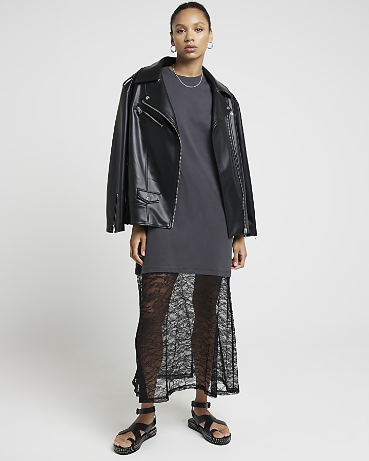 Grey hybrid lace t-shirt midi dress