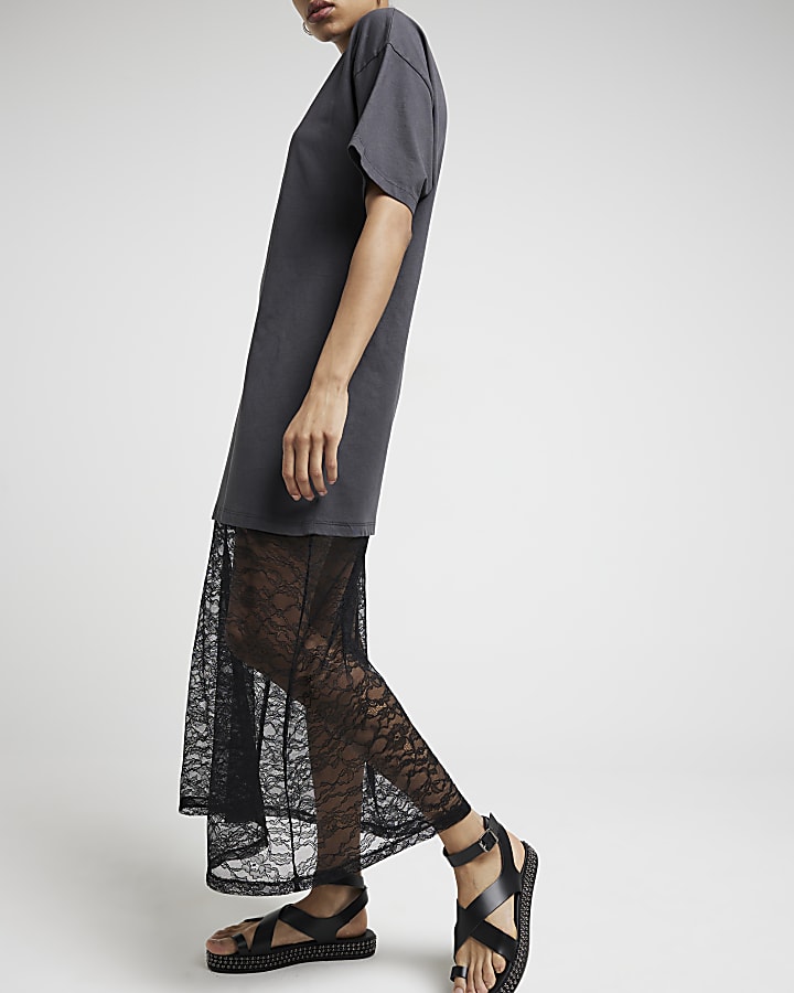 Grey hybrid lace t-shirt midi dress