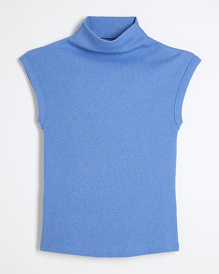 Blue ribbed roll neck top
