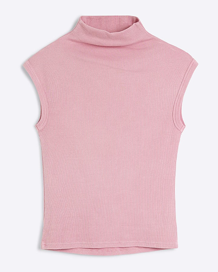 Pink sleeveless ribbed roll neck tank top