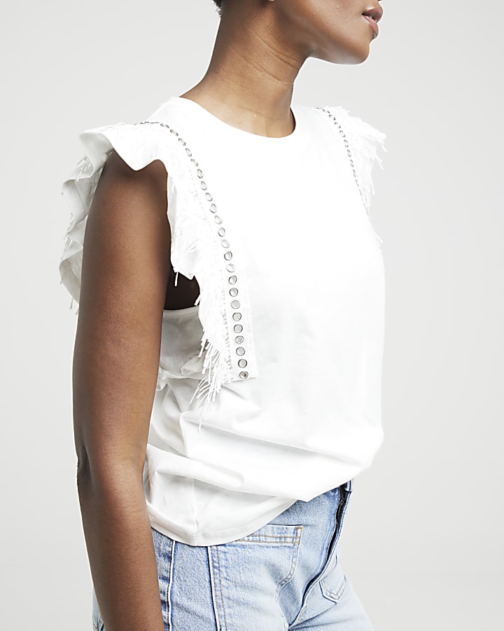 White Eyelet Fringe Top