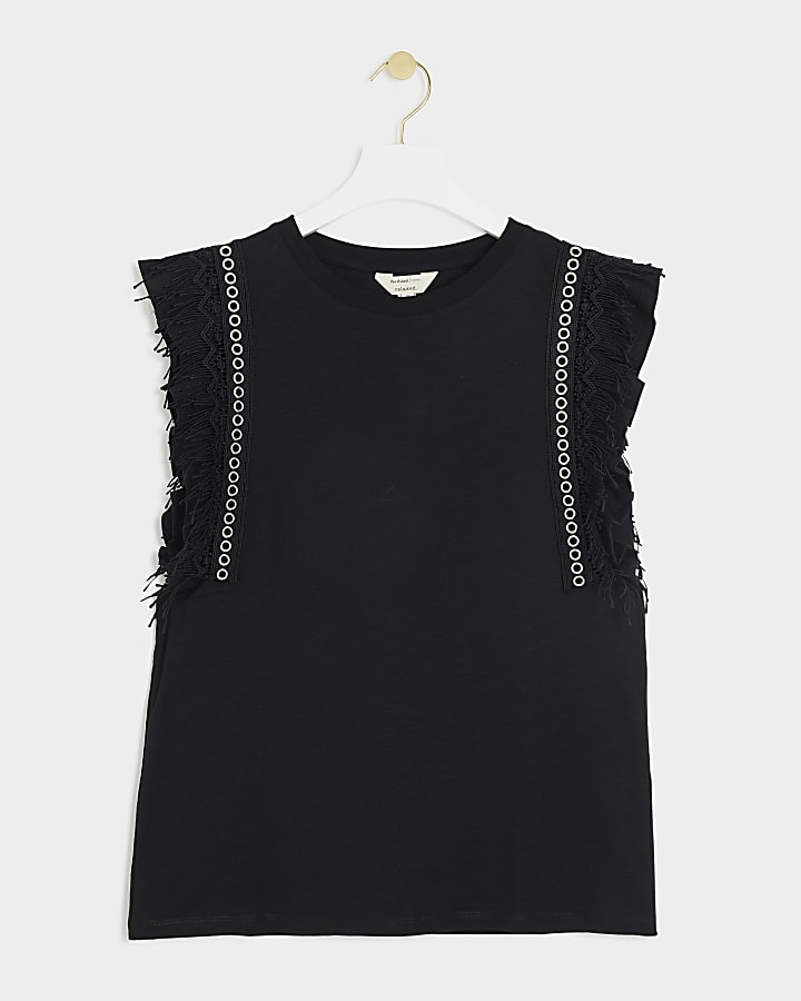 Black Eyelet Fringe Top