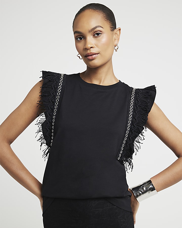 Black Eyelet Fringe Top