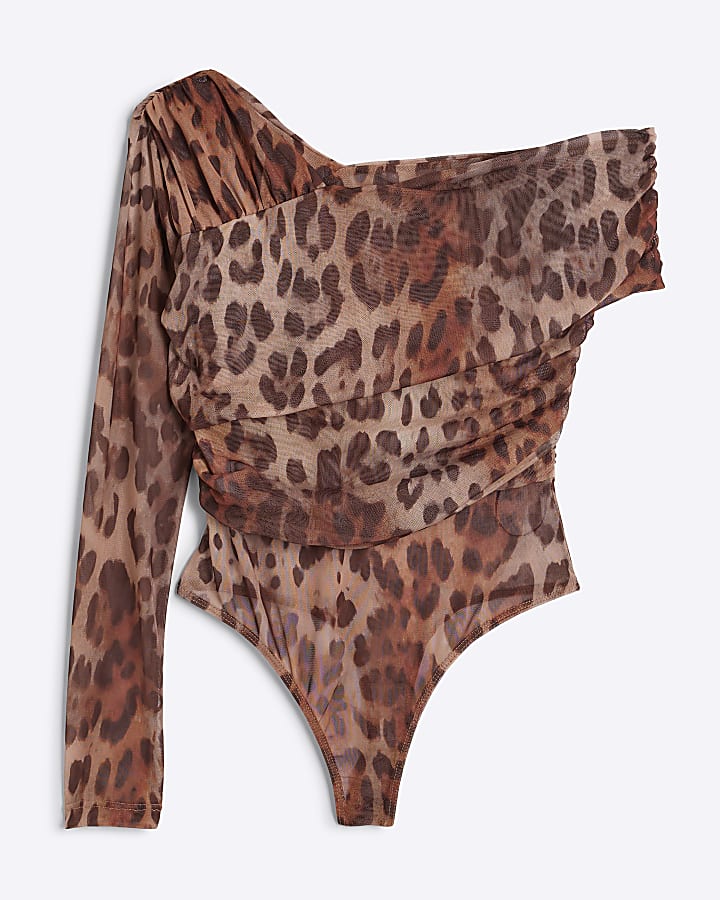 Petite brown mesh leopard asymmetric bodysuit