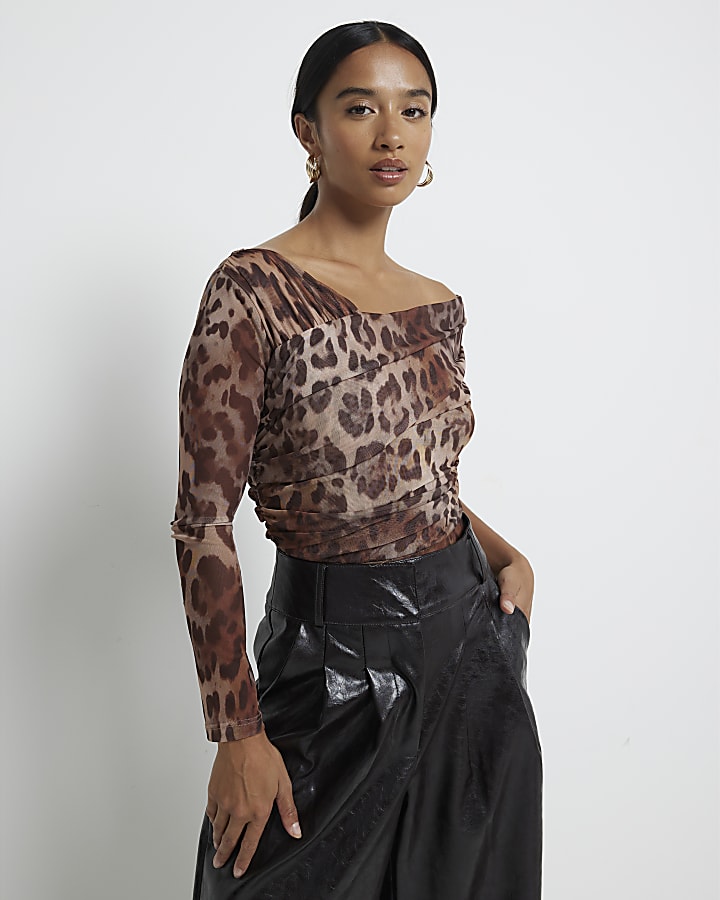 Petite brown mesh leopard asymmetric bodysuit