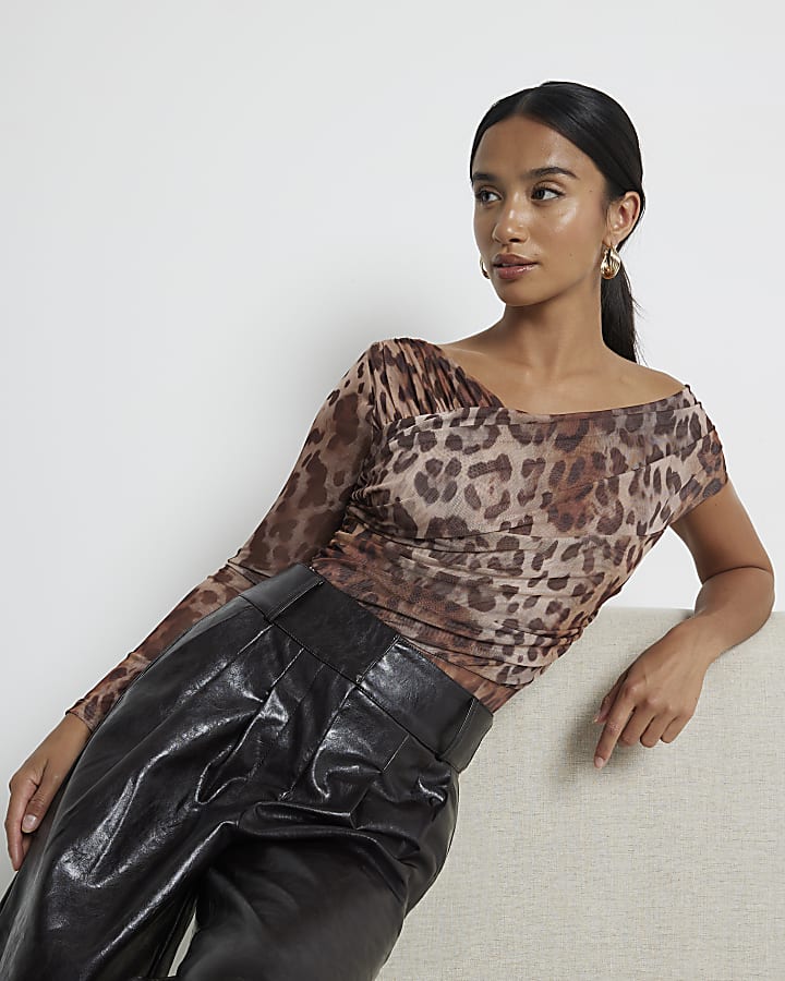 Petite brown mesh leopard asymmetric bodysuit