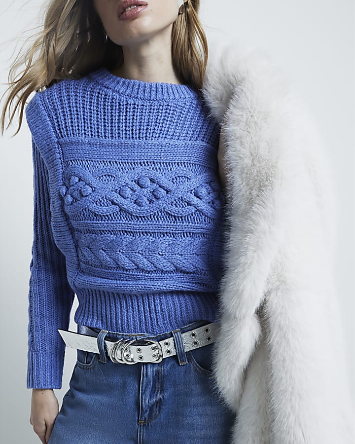 Blue Cable Knit Shoulder Jumper