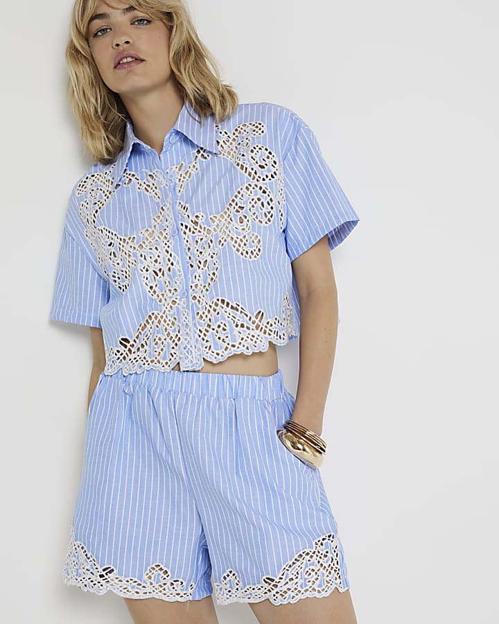 Blue stripe lace panel shorts