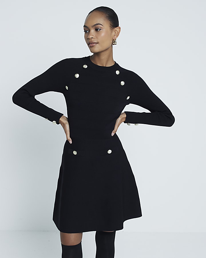 Black knitted long sleeve military dress