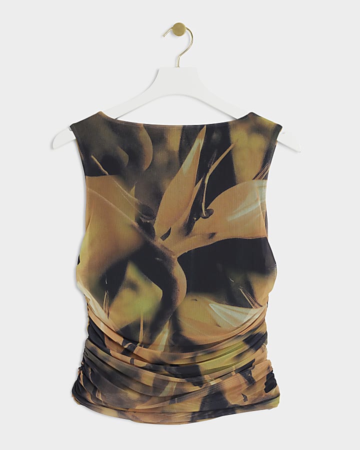 Petite khaki mesh floral ruched vest top