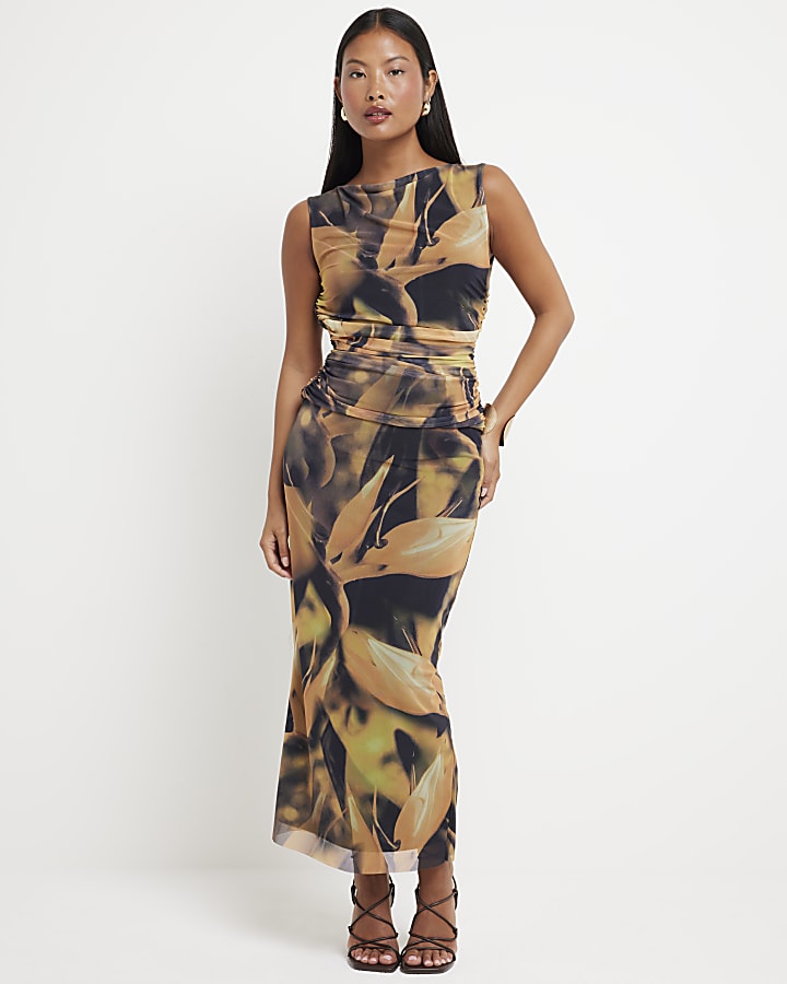Petite khaki mesh floral ruched vest top