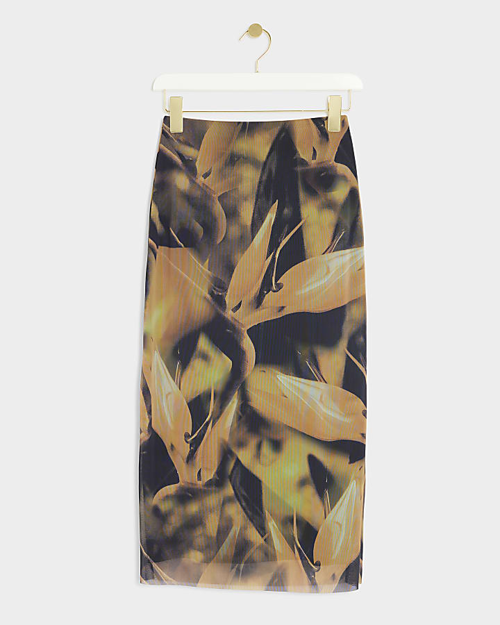 Petite khaki mesh floral midi skirt