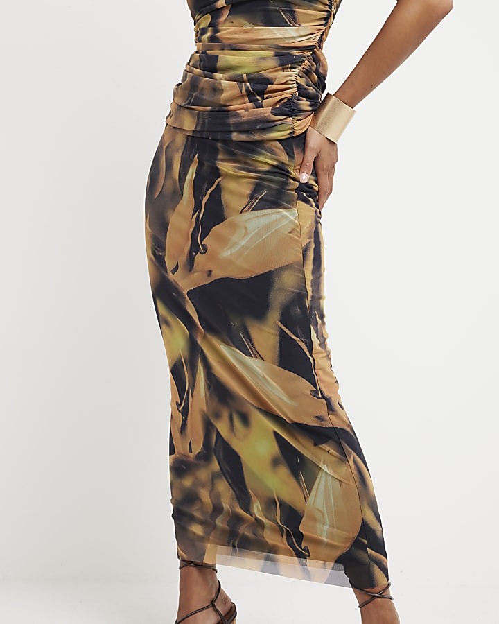Petite khaki mesh floral midi skirt