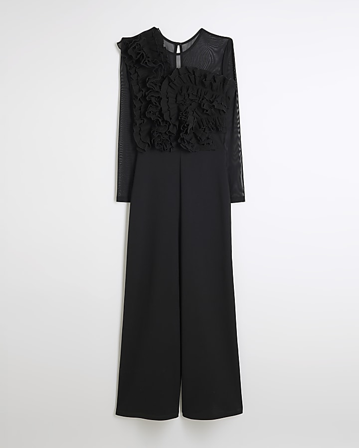 Black Mesh Frill Front Jumpsuit