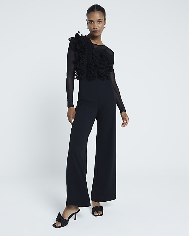 Black Mesh Frill Front Jumpsuit