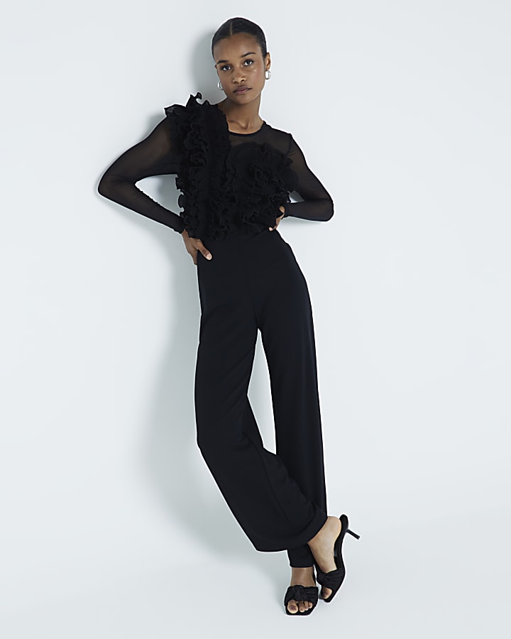 Black Mesh Frill Front Jumpsuit