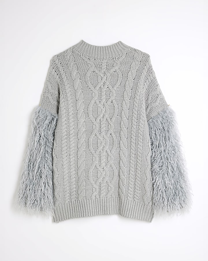 Blue Faux Fur Sleeve Cable Knit Jumper