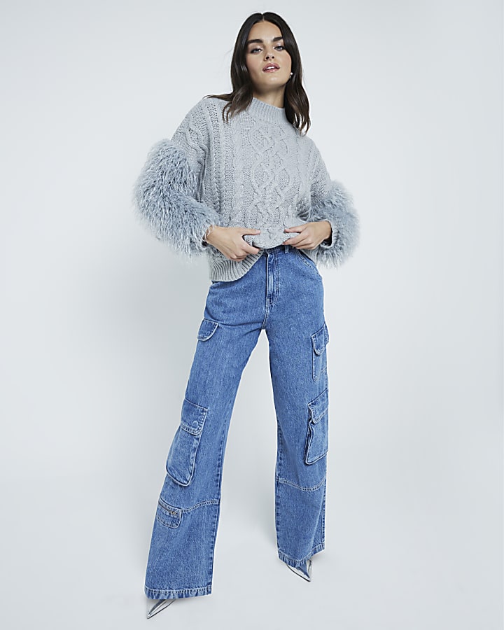 Blue Faux Fur Sleeve Cable Knit Jumper