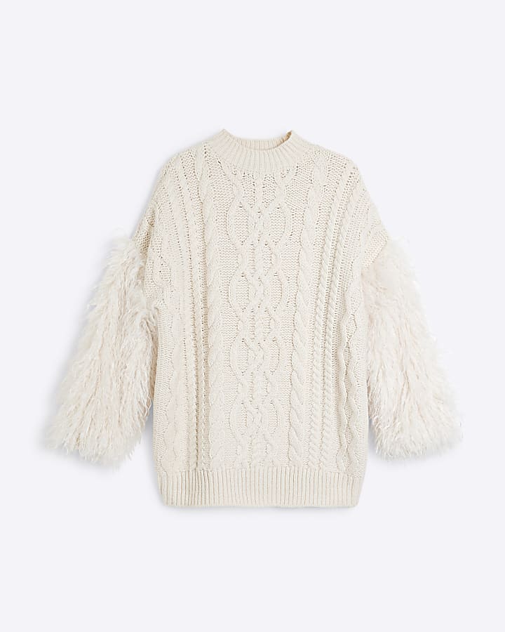 Beige Faux Fur Long Sleeve Jumper