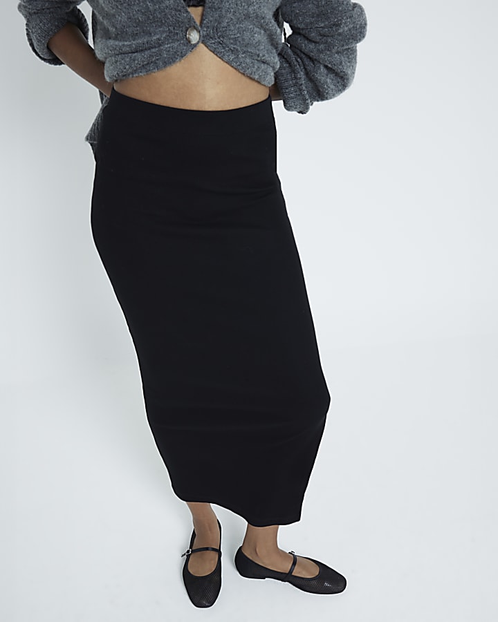 Black ribbed pencil midi Skirt River Island