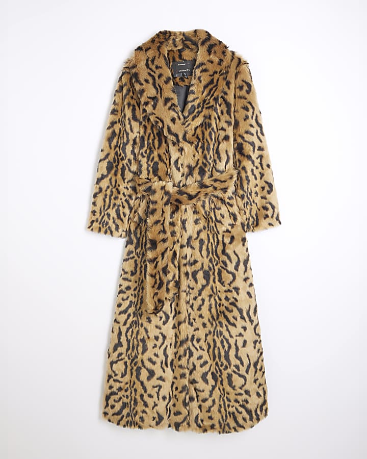 Petite Brown Faux Fur Leopard Collar Coat