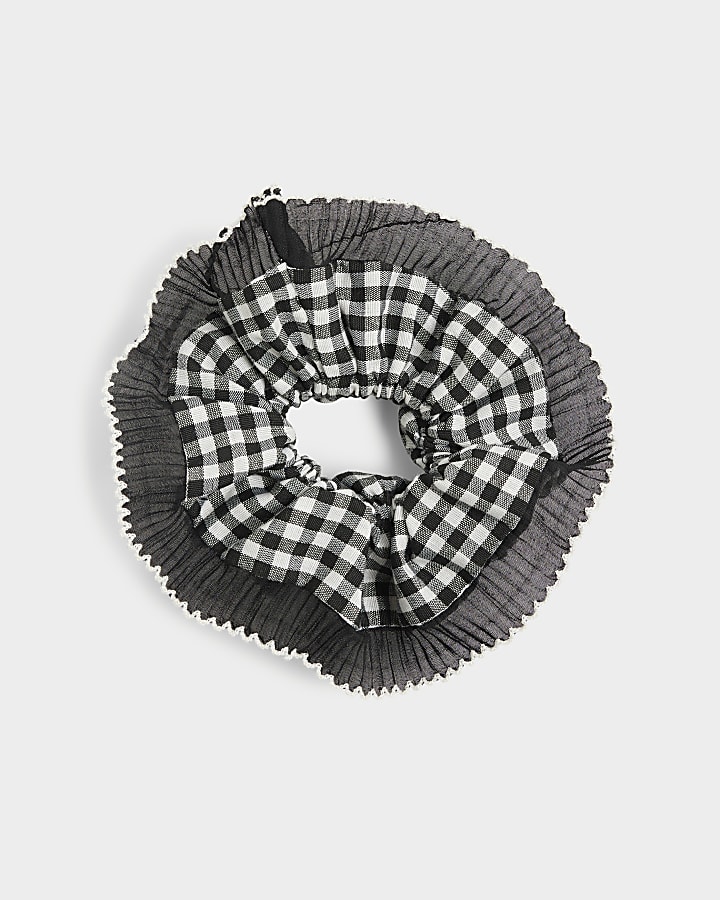 Black gingham print hair scrunchie