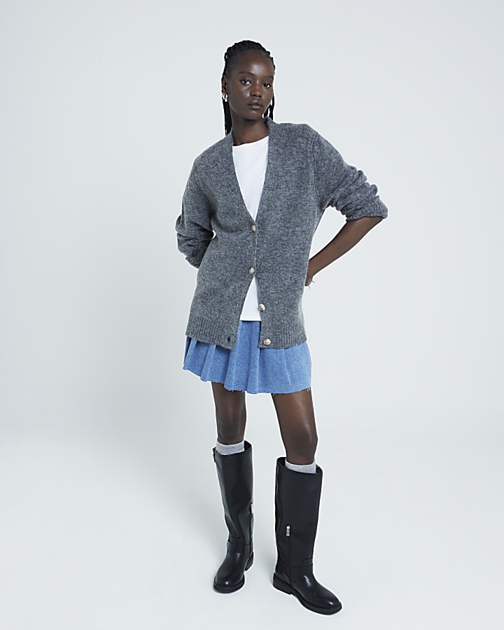 Blue denim pleated mini skirt
