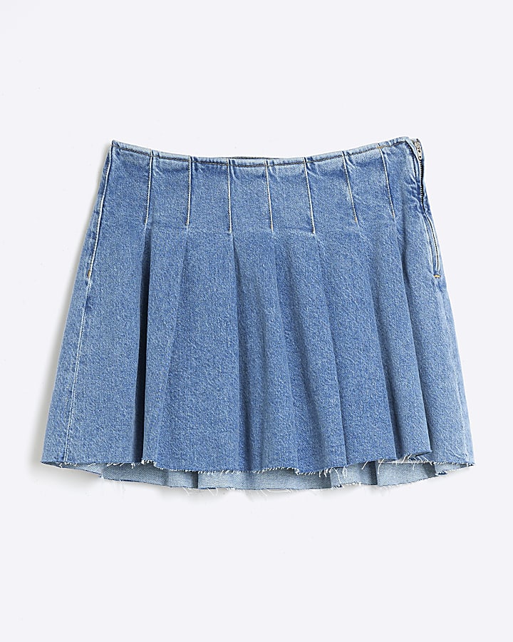 Blue denim pleated mini skirt
