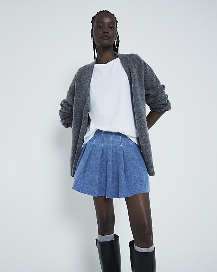 Blue denim pleated mini skirt