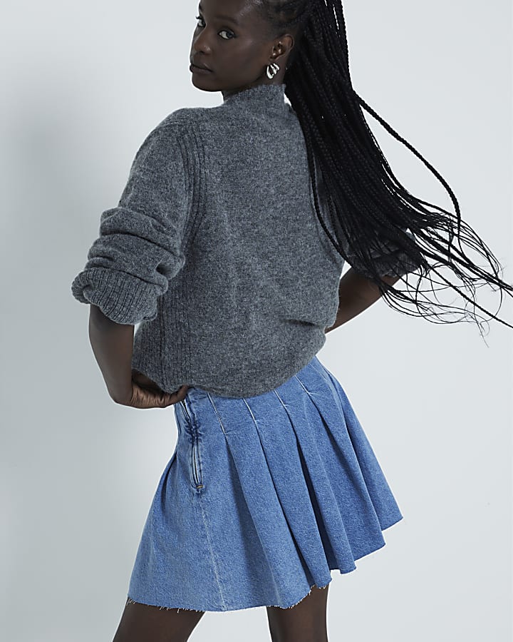 Blue denim pleated mini skirt