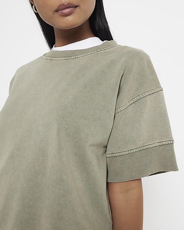 Petite Khaki Washed Sweatshirt T-shirt