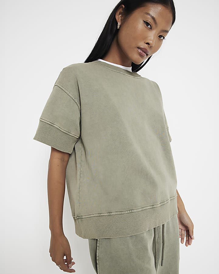 Petite Khaki Washed Sweatshirt T-shirt