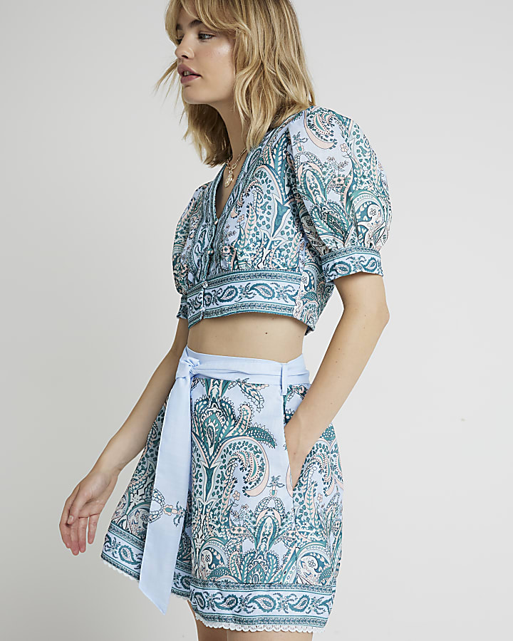 Blue paisley belted shorts