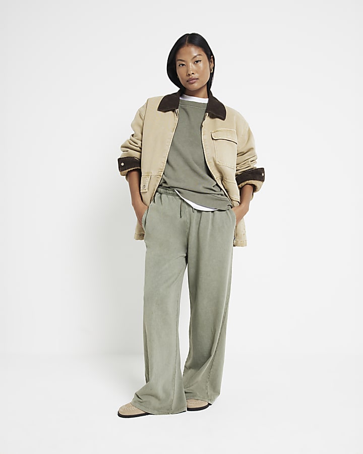 Petite Khaki Wide Leg Joggers