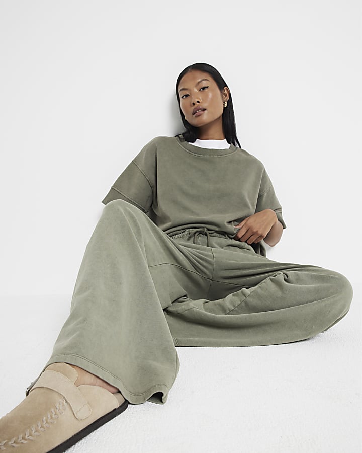 Petite Khaki Wide Leg Joggers