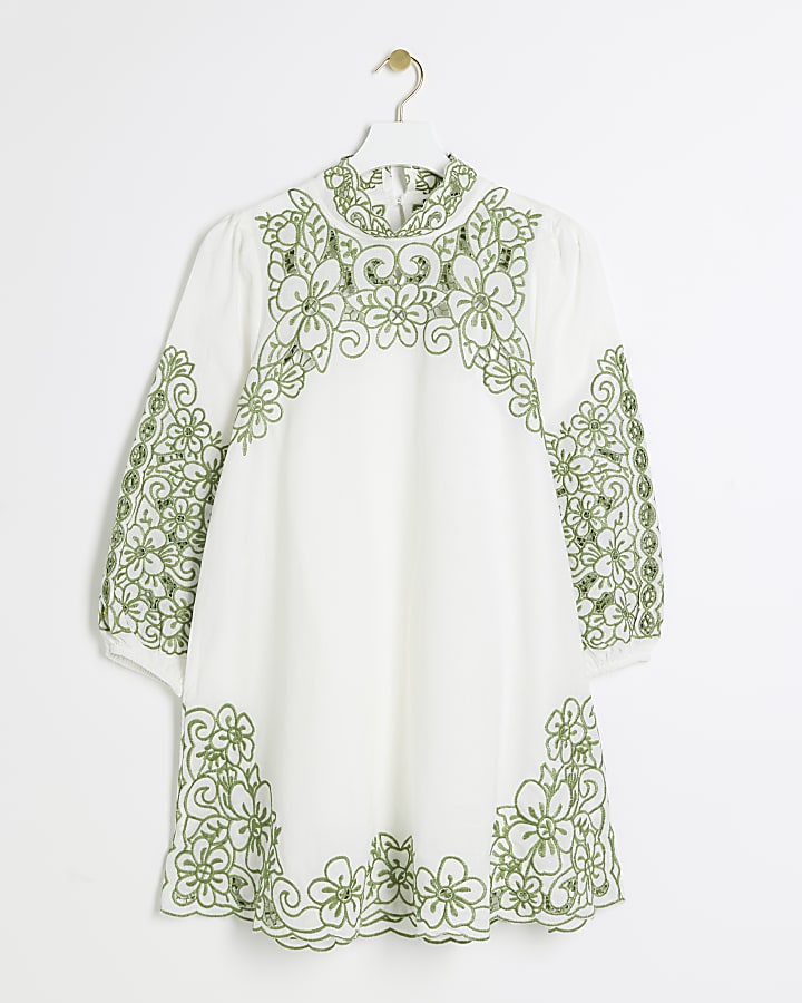 White embroidered belted shift mini dress