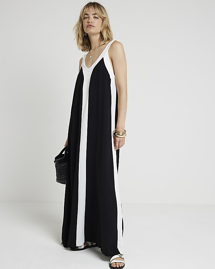 Black colour block swing maxi dress