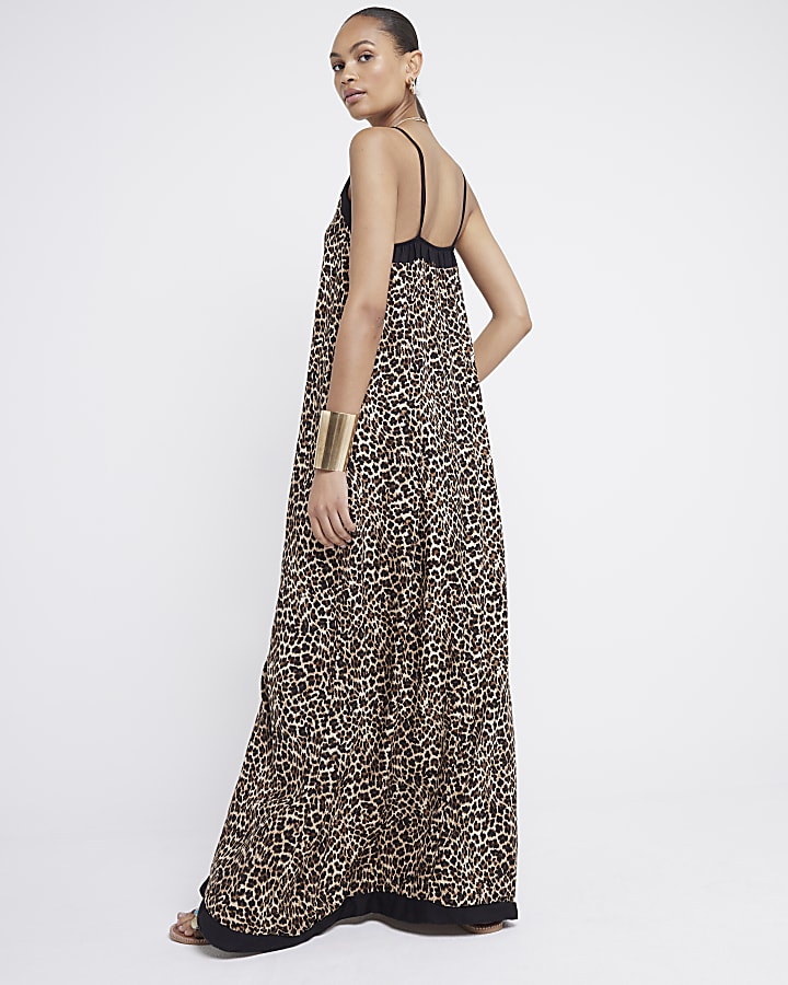 Beige Leopard Print Swing Maxi Dress