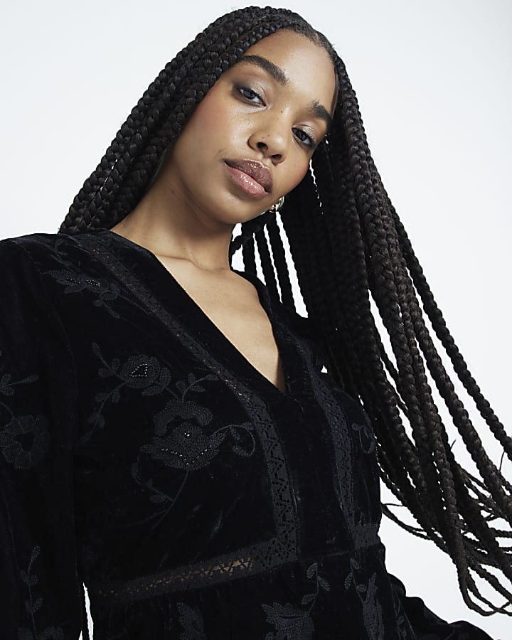 Black Velvet Embroidered Mini Dress