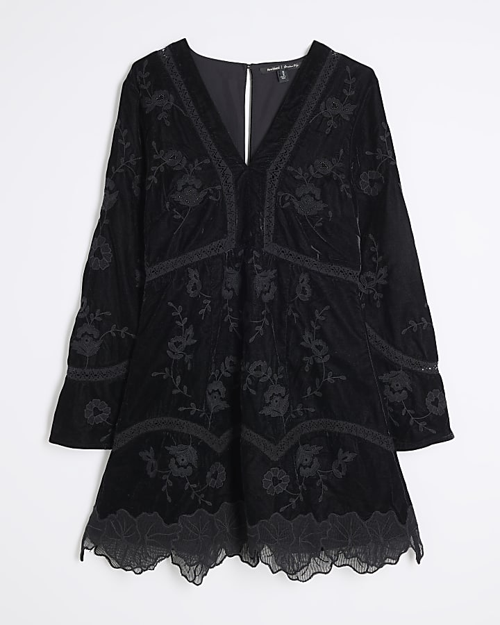 Black Velvet Embroidered Mini Dress