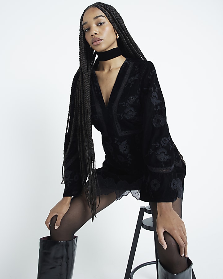 Black Velvet Embroidered Mini Dress